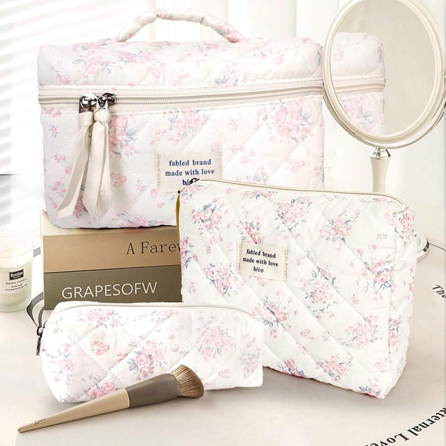 Juego de neceseres de algodón con estampado floral, bonito neceser de viaje para guardar artículos de aseo, regalo para mujer, neceser de viaje, maleta, bolsa de equipaje, ideal para el día a día, viajes, para guardar cosméticos. Juego de tres (grande, mediano y pequeño).