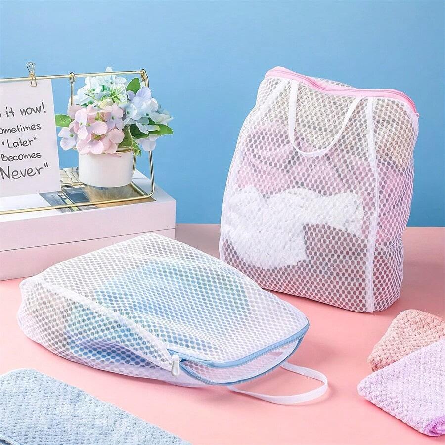 2 pezzi/set Sacchetti per bucato quadrati e resistenti realizzati in rete di poliestere a nido d'ape con chiusura lampo e manici, perfetti per calze, biancheria intima e capi da viaggio, ideali per la stagione della laurea e del ritorno a scuola, ma ottimi anche per l'estate.