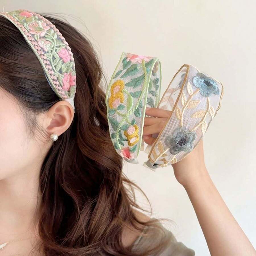 3pcs Elegant Versatile Floral Embroidered Headbands For Women, Suitable For Daily Use, Commute, School, Work, Beach, Party, Mother's Day Gift Hairband Hair Hoop