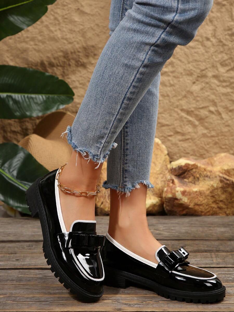 Women's Casual Contrast Color Leather Loafers, College Style