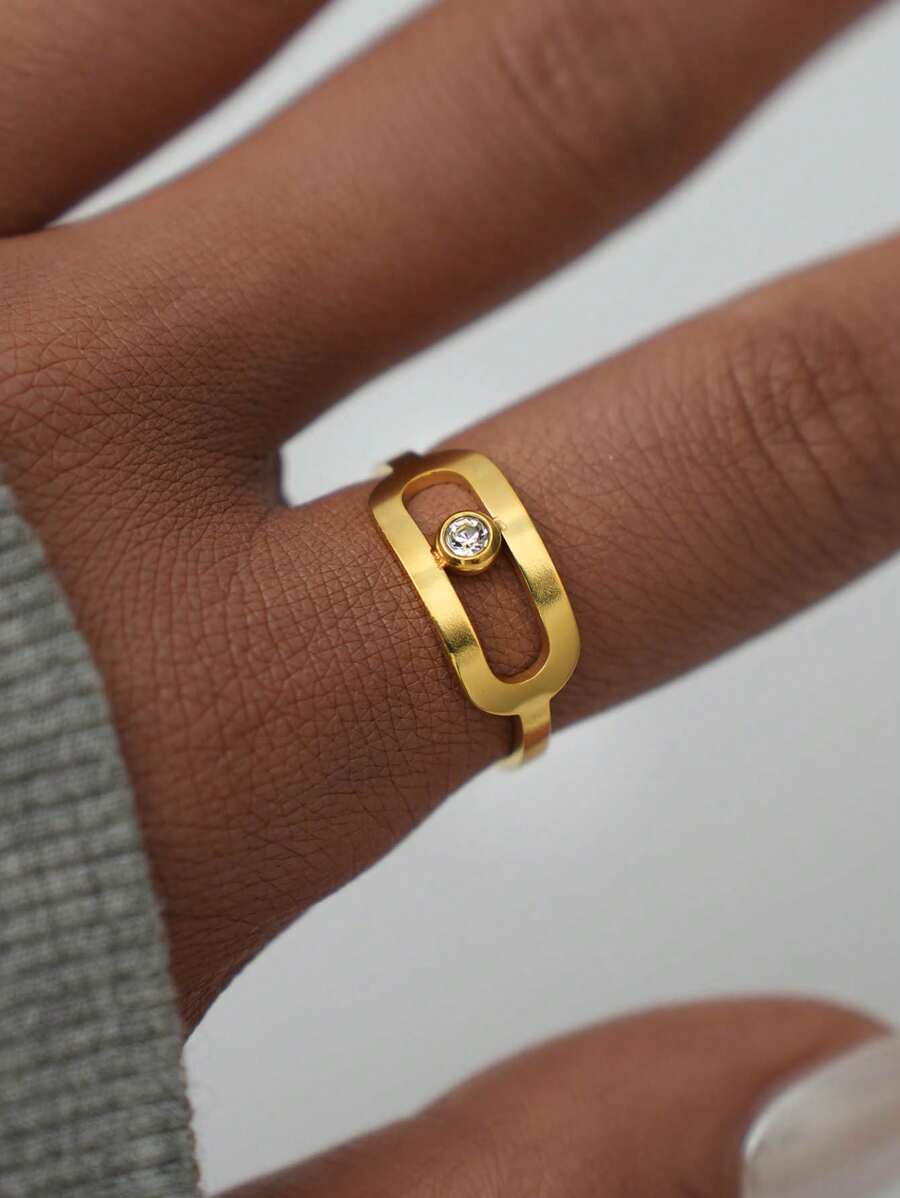 1 pieza Anillo de acero inoxidable chapado en oro de 18k para mujer, anillo de circonita cúbica, apropiado para uso diario, regalos de vacaciones, uso en fiestas