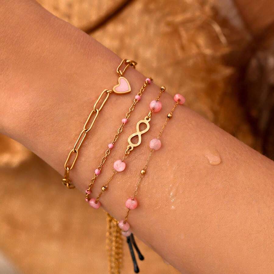 1 Stück Blogger Stil Armband aus Naturstein und rostfreiem Stahl in Unendlichkeitsform, vergoldet, wasserdicht, verstellbar, rosa Herz Kette, Modeschmuck, bohemian Vibe für Frühling/Sommer