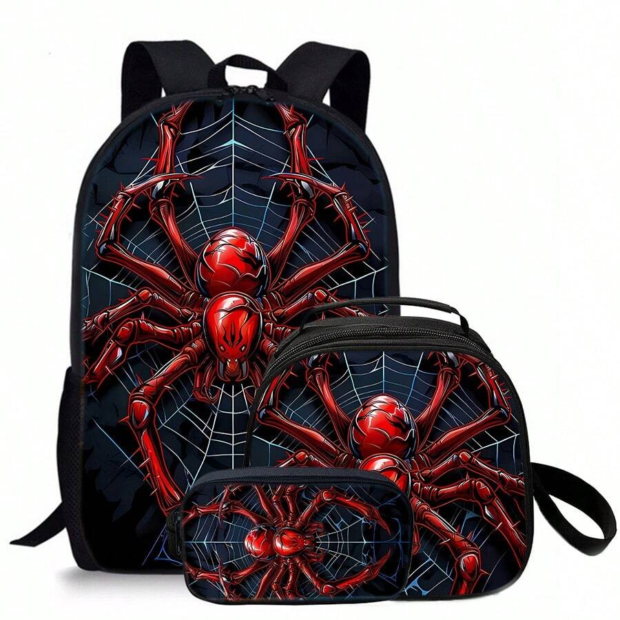 Red Spider Printed Backpack Three Pieces Set (Single-Layer Backpack + Shoulder Strap Round Lunch Bag + Single-Layer Pencil Bag) Pencil Case