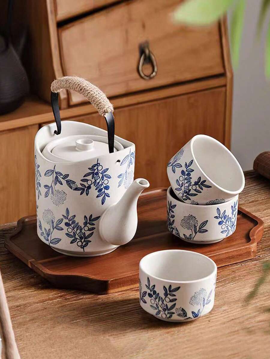 1 Set de tetera con taza de té de estilo japonés, con capacidad grande y asa con diseño floral, juego de té de porcelana blanca gruesa y vintage con filtro, tetera de cerveza de restaurante, de vuelta a la escuela