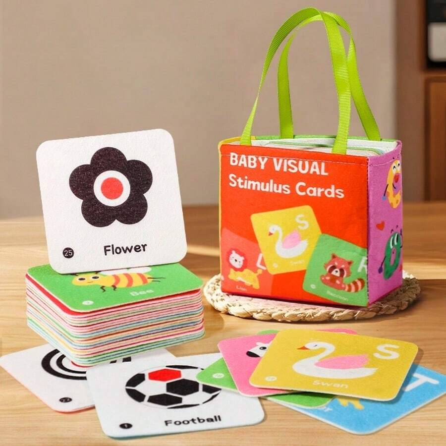 26 Tarjetas de letras del alfabeto coloridas + 26 tarjetas cognitivas en blanco y negro, diseño de doble cara para promover el desarrollo visual de bebés de 0 a 3 meses con elementos coloridos y monocromáticos
