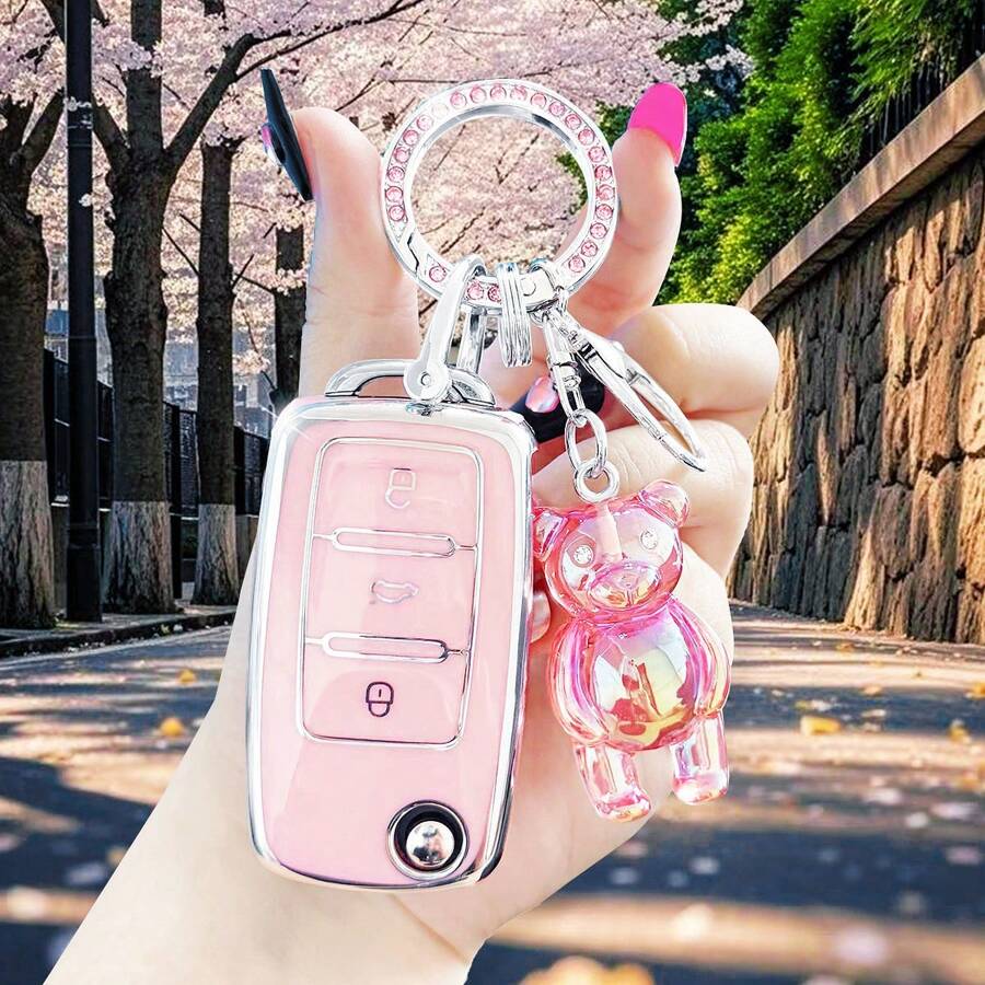 TPU Textured Pink Car Key Fob Cover/Rhinestone & Pink Bear Exquisite Collision/Sweet Style: Rhinestone Keychain & Pink Purple Bear Key Companion/Street Fashion Style! Rhinestone Key Accessory, Blue Bear Super Attractive Suitable For Polo Tiguan Passat B5 B6 B7 Golf 4 5 6 MK6 Jetta Lavida//A Folding 3 Buttons/Lamando/Dedicated/Superb/Lavida/Cómemeck/Xinrui Exclusive, Ideal Gift For Valentine's Day
