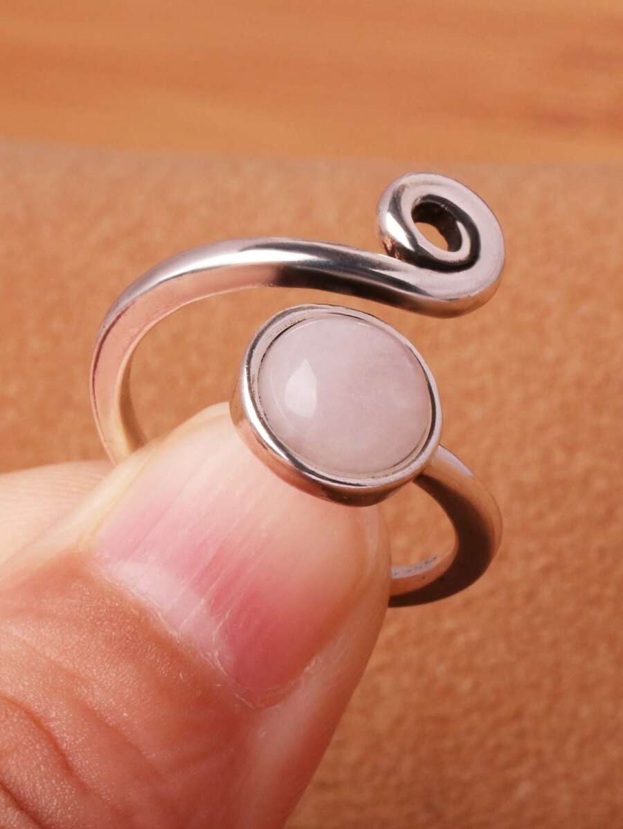 1 pièce Anneau en alliage de zinc plaqué argent avec pierre rose incrustée, anneau de pierre précieuse unisexe