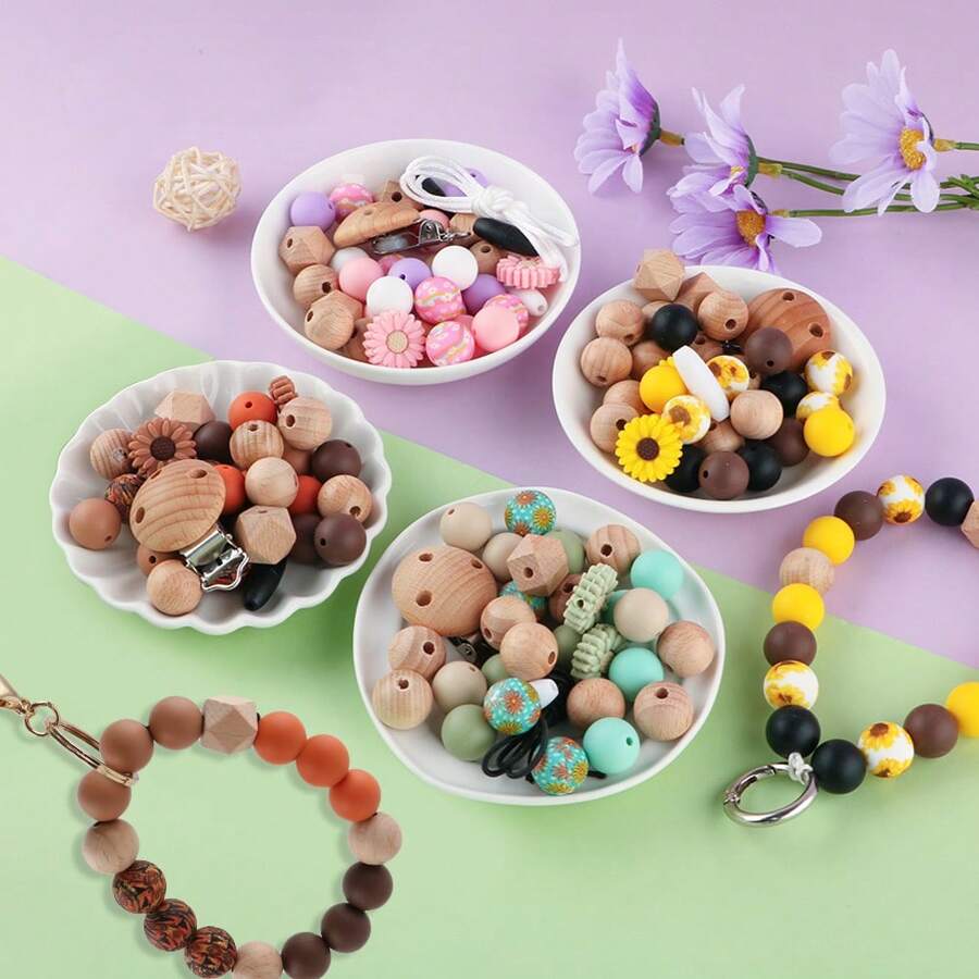 33pcs Silicone Round Bead Printing Round Bead Daisy Wood Clip Round Bead Polyhedral Bead DIY Handmade Bracelet Necklace Plastic Pen String Key Bag Phone Chain Car Decoration Craft Supplies
