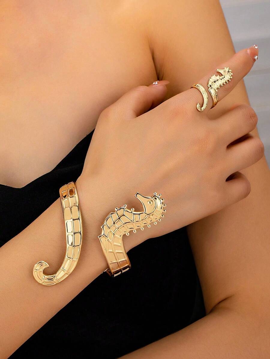 1 Set Hippocampus Bracelet Ring Set Matching Cuff Bangle Rings Set Sea Life Beach Bracelets Rings For Women