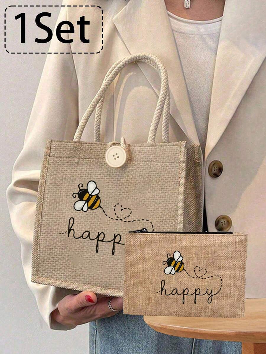 Bolsa feminina multifuncional com pequena bolsa de cosméticos, estampa fofa com abelhas e corações, bolsa grande e bolsa pequena, bolsa de linho, bolsa de armazenamento, sacola de compras com design de letras em estilo festivo, adequada para casamentos, aniversários, praias e feriados, bolsa de linho, bolsa de presente para o dia do professor, bolsa de armazenamento portátil leve e dobrável, bolsa simples, enfermeira, médica, bolsa de armazenamento de agradecimento ao professor, adequada para presente de mãe, cosméticos de viagem pessoal, sacola de compras