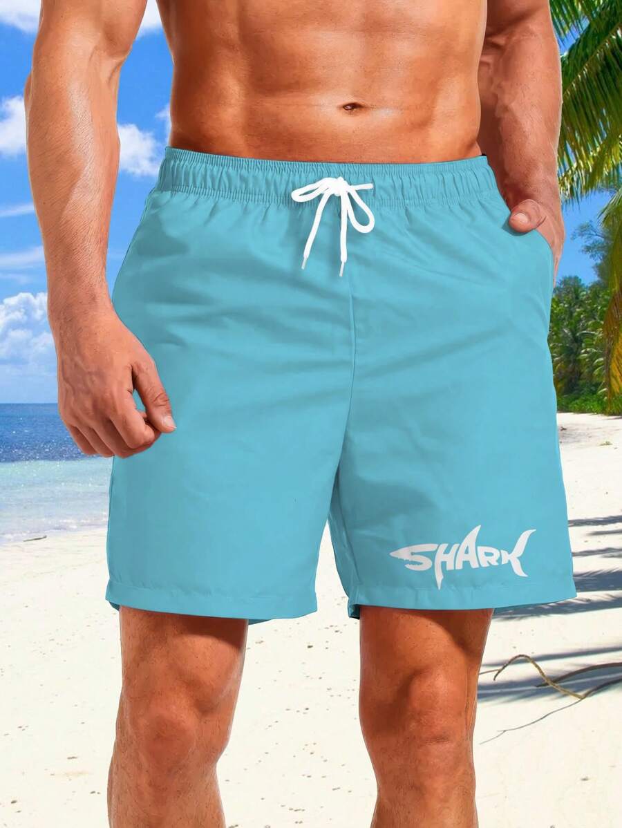 3 piezas Pantalones cortos de verano para hombre con cordón, estampado gráfico de letra de tiburón en estilo hawaiano, esencial para vacaciones