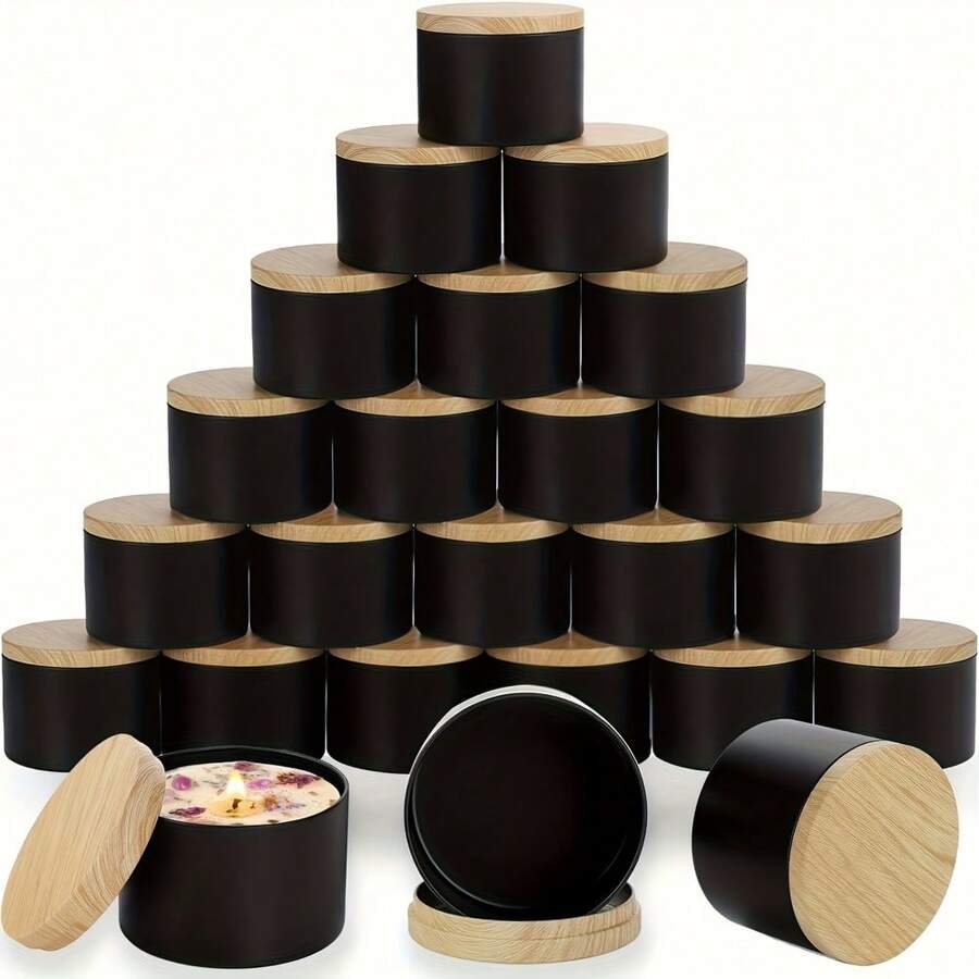 Conjunto de 48 peças para fazer velas, incluindo 6 frascos pretos de vela com tampa de madeira de 4 oz, com adesivos para pavio, 16 pavios, 20 adesivos para segurar os palitos de vela e 6 suportes de pavio para artesanato de velas DIY, artes e ofícios, ótimo para iniciantes e hobbistas, perfeito para presentes de Natal, Halloween, Páscoa, Ação de Graças e Dia dos Namorados!