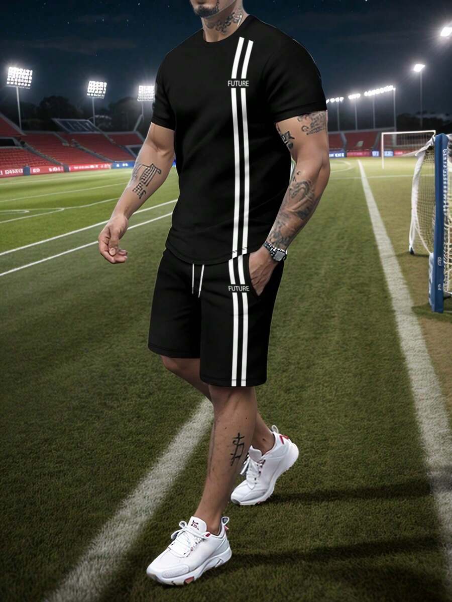 Conjunto de camiseta de manga corta con estampado y pantalones cortos para hombre, minimalista y de moda para el verano