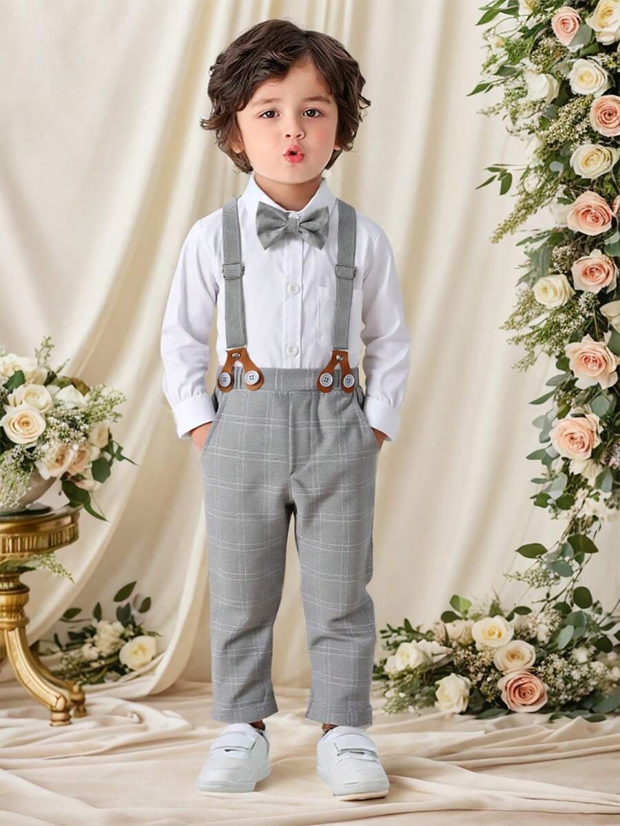 BOARNSEORL Set da 2 pezzi per ragazzi di elegante stile: camicia a maniche lunghe con fiocco e pantaloni con bretelle, alla moda, adatto per compleanno, festa, eventi, matrimonio