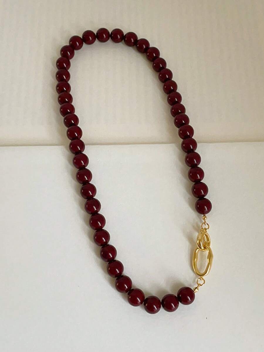 1 pieza Collar de cuentas de piedra natural de ágata roja, cadena dorada para mujer, cierre de doble broche, forma redonda, enchapado en oro de 14K, adecuado para accesorio diario y de fiesta, joyería de moda, regalo para la mejor amiga