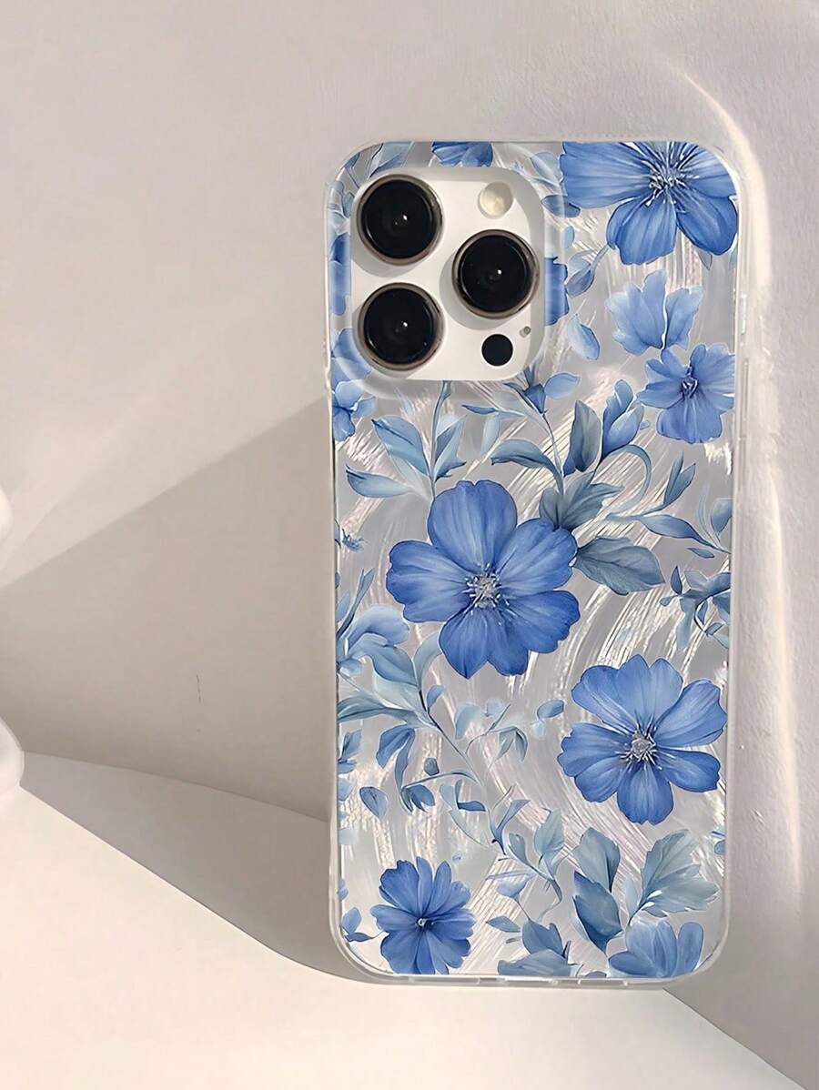 Flower Blue Floral Painted Soft Rubber Shockproof Silver Protective Mobile Phone Case Compatible With Ip16/Ip 15 XR /7/8 /Ip 16 Promax /Ip 13 Case/Caseiphone15Promax/12PROMAX/13PROMAX/14PROMAX 13 14 11 12p14 11p12 Anti-Drop For Women, Compatible With Samsung//Redmi Series S25