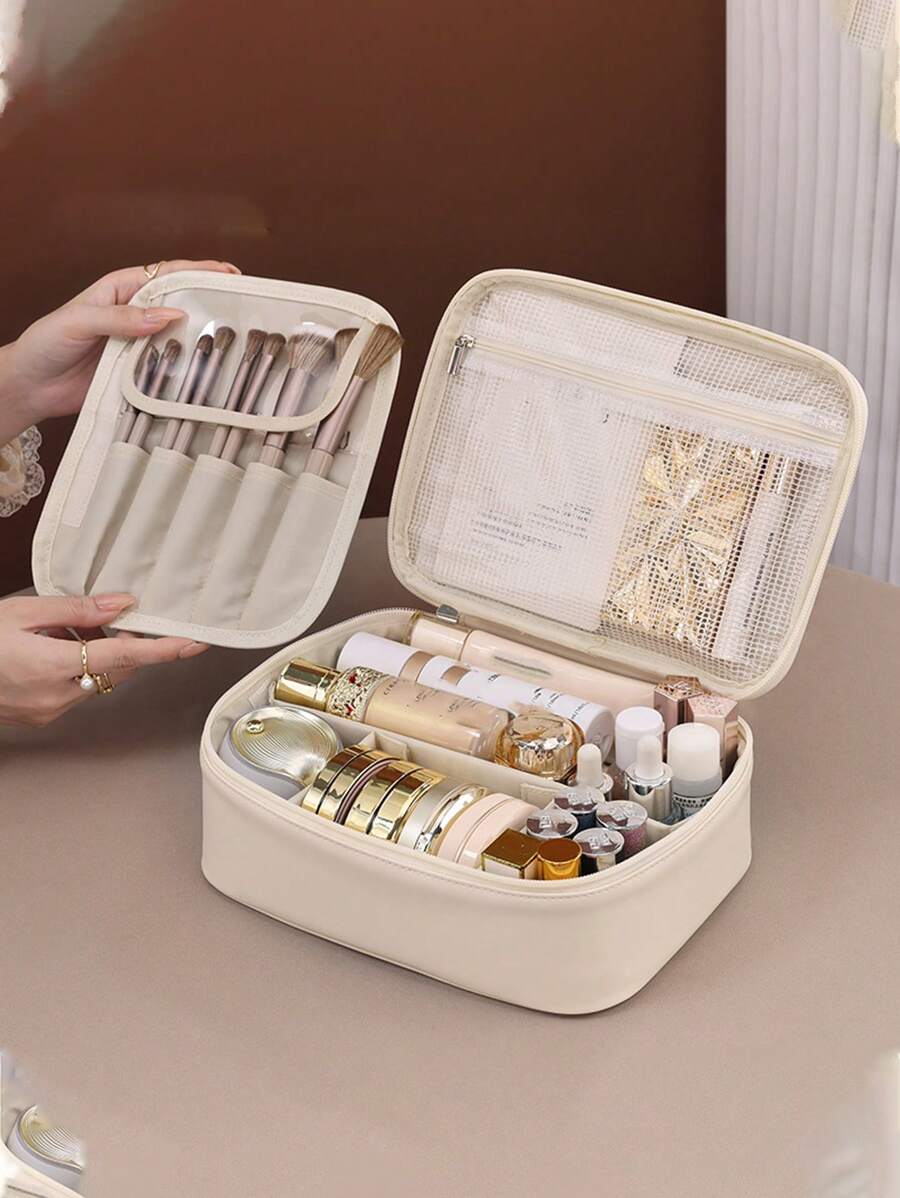 1 Peça Necessaire de Maquiagem Desmontável Multicamadas, Bolsa de Maquiagem de Couro Sintético à Prova d'Água de Grande Capacidade, Bolsa para Pincéis de Maquiagem Removível, Organizador Portátil de Viagem para Batom e Cosméticos, Adequado para Cosméticos e Artigos de Higiene Pessoal Durante a Viagem