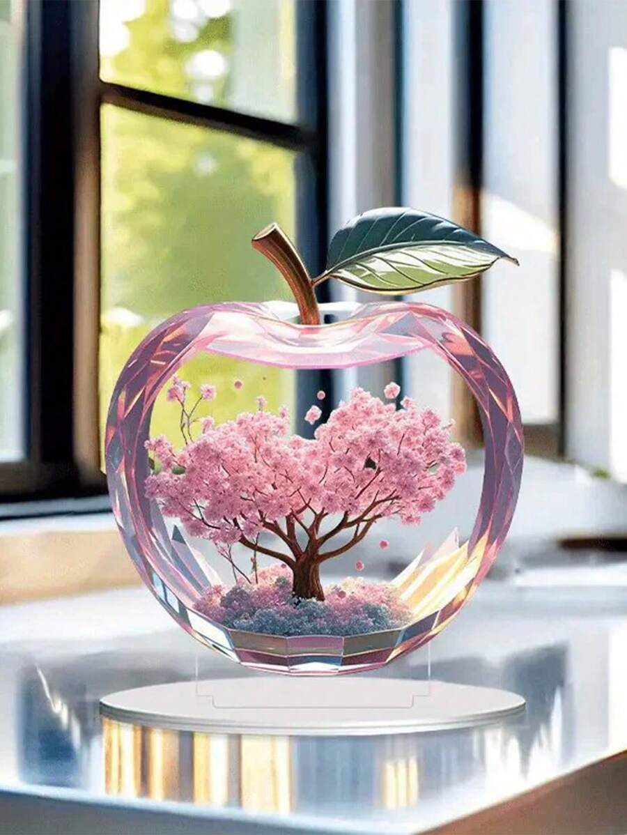 1 Piece 2D Illustration Acrylic Apple Shape Desktop Ornament Creative Painted Print Design Transparent Small Desktop Decoration, Suitable For Home And Office, Multifunctional Holiday And Daily Decoration, Perfect For Giving To Friends And Birthday Gifts Easter Gifts