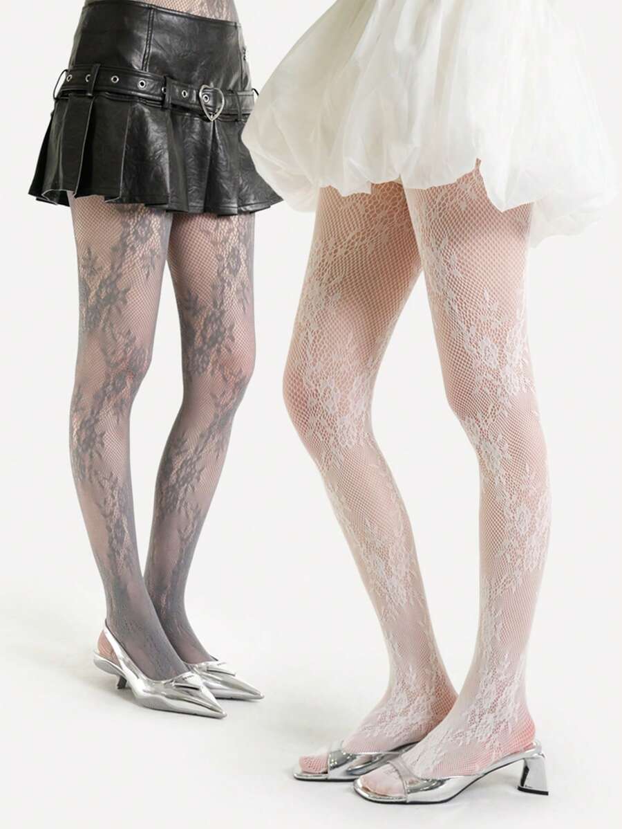 1 pieza Medias vintage de mujer con jacquard de encaje y rosas florales, pantalones ajustados de alta elasticidad, pantimedia transparente y estilizadora