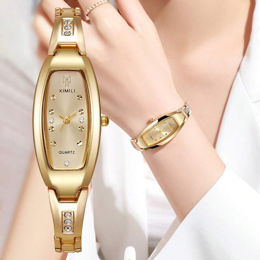 1 pieza Reloj de pulsera de cuarzo de estilo casual y elegante para mujer con esfera decorada con rhinestones y correa de acero, sin estuche de reloj incluido