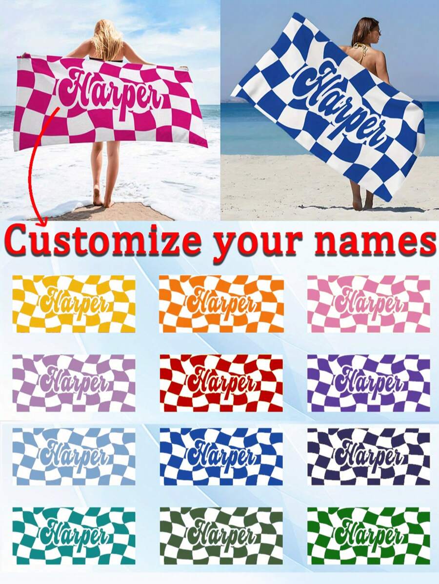 1pc Personalized Custom Name Beach Towel, Twisted Check Pattern, Multicolor, Absorbent, Quick-Drying, Large-Sized, Soft, Comfortable, Pool Towel For Beach Parties, Pool Parties, And Beach Vacations, For Fitness, Yoga, Swimming, And Seaside Trips Back To School