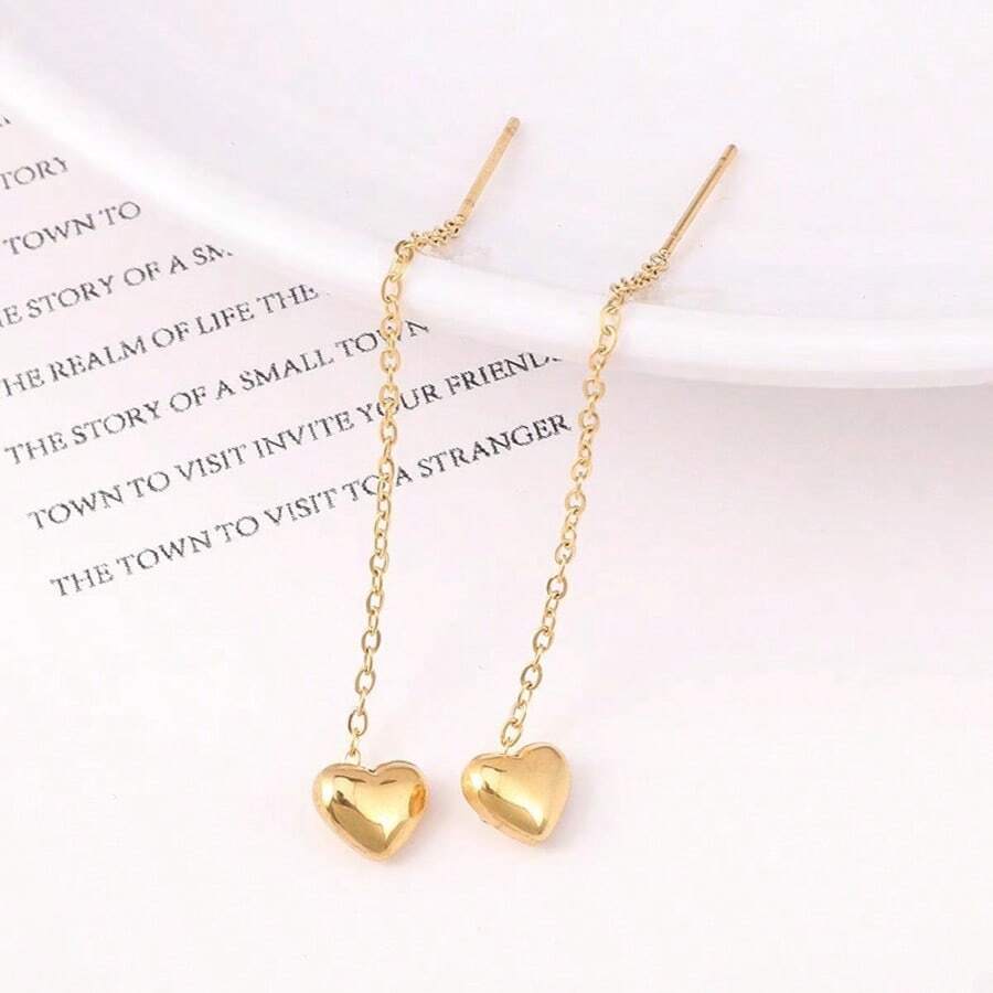 2 Peças Brincos de Corrente Dourada em Forma de Coração Simples e Elegantes, Brincos com Borla em Forma de Coração Minimalista, Joias da Moda para Meninas