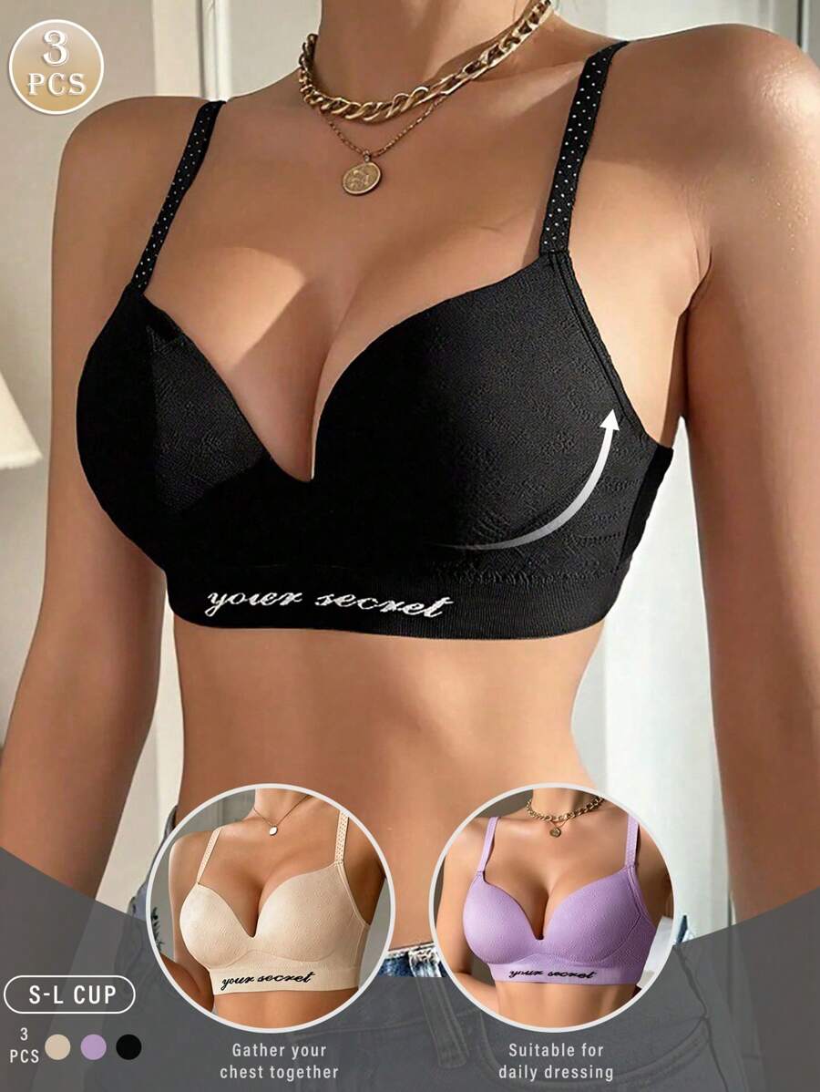 Set de 3 brasieres sin alambres, de levantamiento, cómodos y transpirables, ropa interior casual para mujer