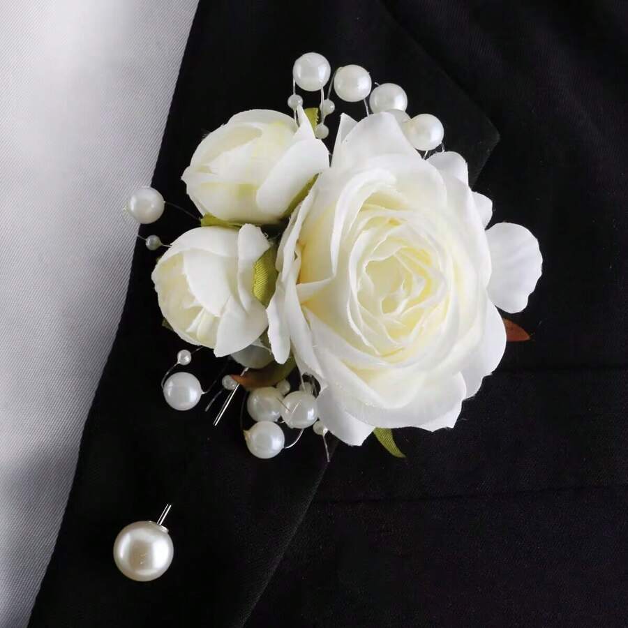 1pc Unisex Elegant Beige Rose & Pink Rose Bud Pearl Brooch, Suitable For Groom, Bride, Groomsman, Bridesmaid, Wedding, Prom, Party, Banquet