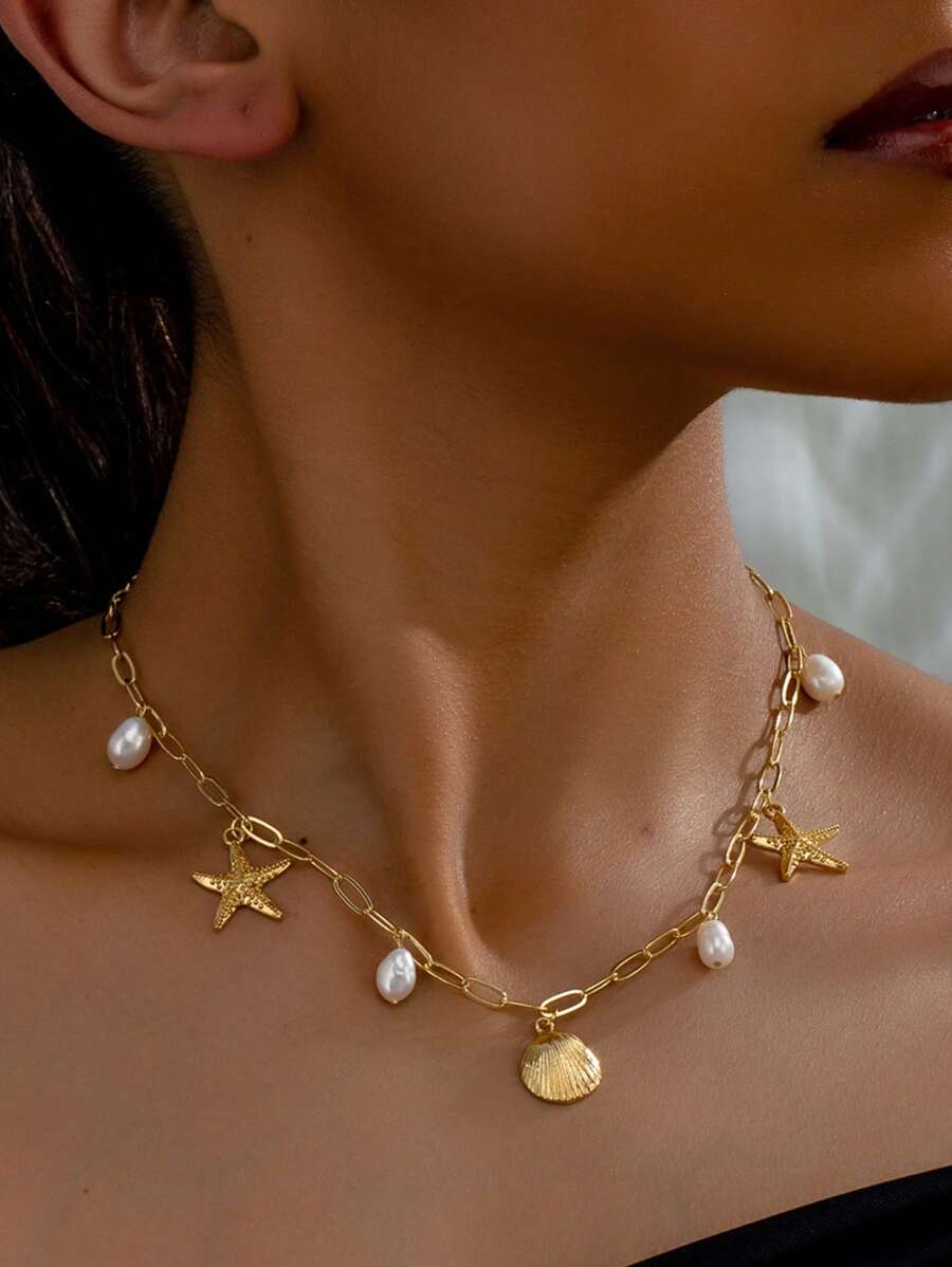 1 peça colar de conchas, estrelas do mar, nó de bambu e pérolas de água doce banhado a ouro 18K, corrente delicada para clavícula com tema marinho criativo