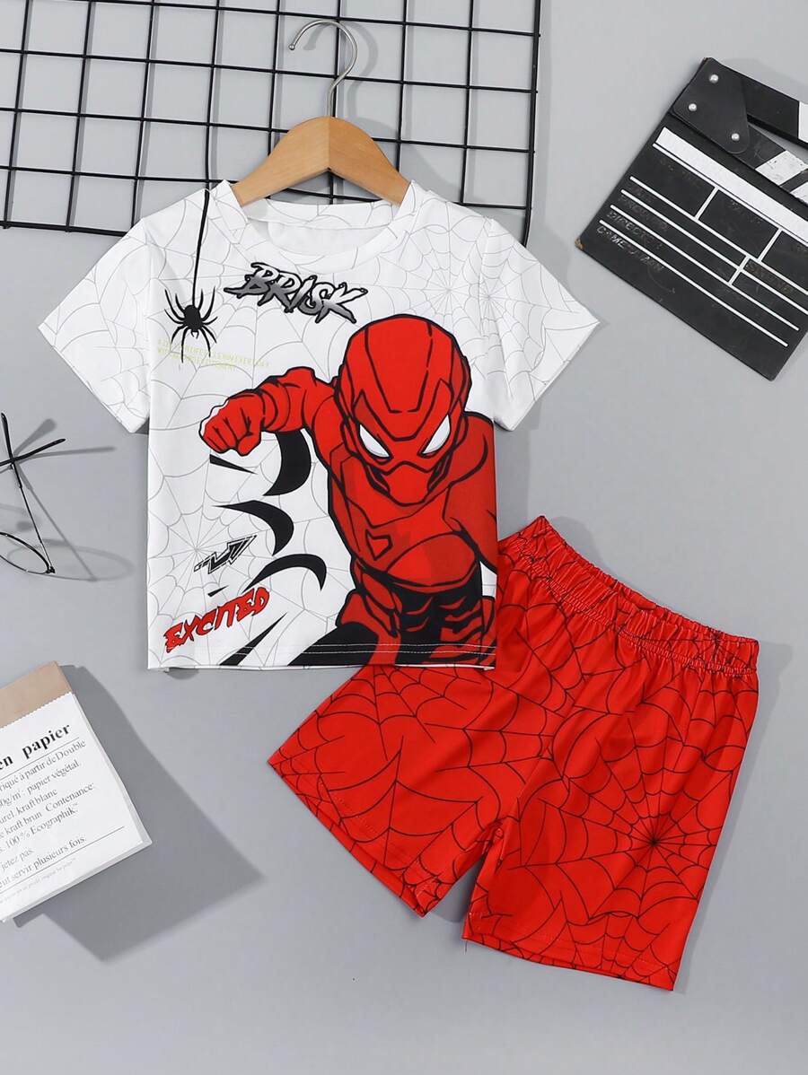 Cartoon Print Boys Short Sleeve Shorts Set, Casual Outfit, Gift