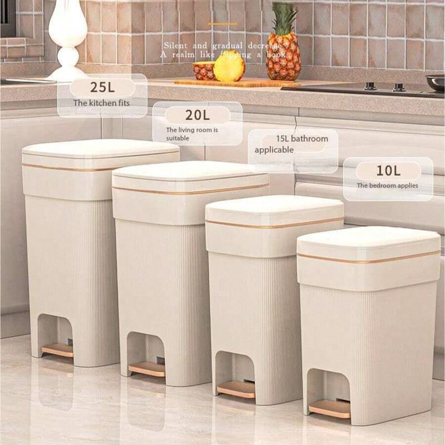 Basurero con pedal moderno con tapa, de gran capacidad, a prueba de olores, bolsa de basura sellada, apta para cocina, sala de estar, dormitorio - Papelera rectangular de plástico de moda, decoración dorada, solución para basurero de cocina | Basurero de moda | Estructura de plástico, basurero para sala de estar