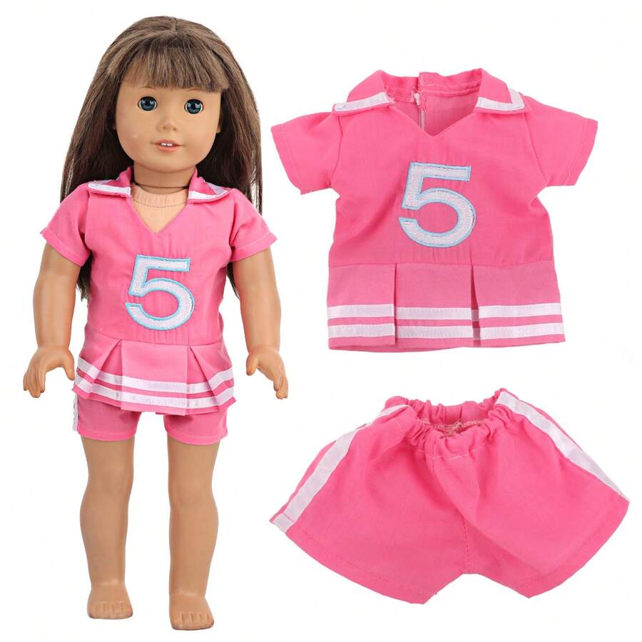 1 Set Pink Short Sleeve Top And Shorts Outfit For 18-Inch Doll, Embroidered Numeric Striped Design, Does Not Include Doll And Shoes, Perfect Gift For Little Girls On Holidays And Birthdays
