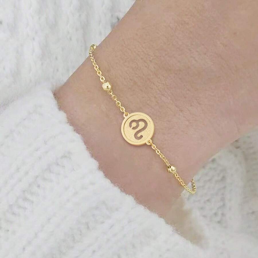 1pc Simple Classic Round Hollow Zodiac Golden Stainless Steel Bead Chain Bracelet For Women