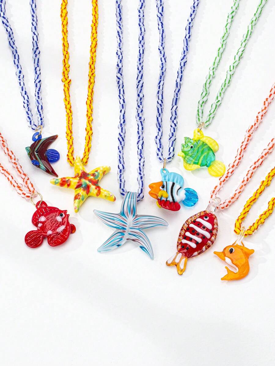 1 peça de colar com contas de vidro feitas à mão, pingente de estrela do mar, peixe-marinho e golfinho, joia estilo praia (formato e cor podem variar)