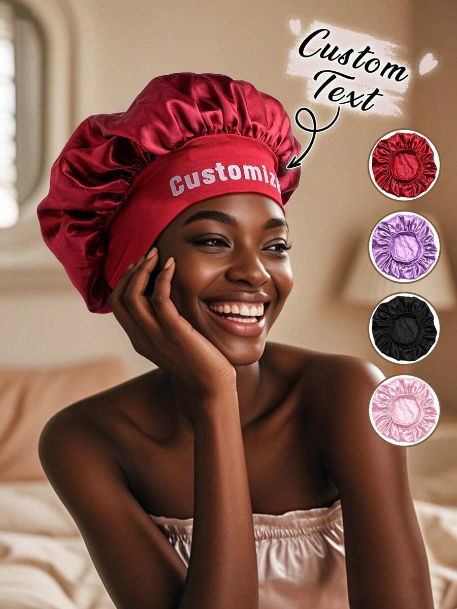 1pc Custom Name Silk Bonnet For Sleeping Women, Customized Name Satin Bonnet, Personalized Hair Bonnet With Name