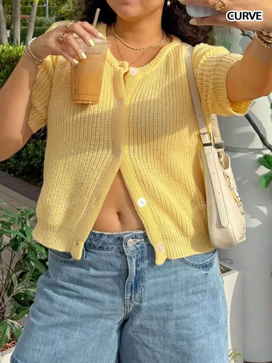 Spring And Summer Thin Fashion Casual Vacation Hundred Cream Crew Neck Short Sleeve Cardigan Sweater, Spring And Autumn Style Brunch Outfits For Women