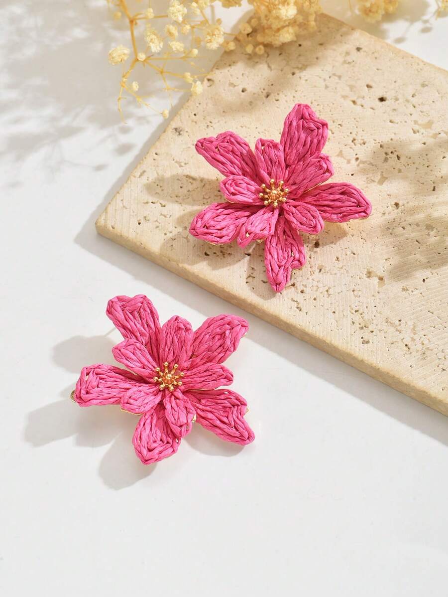 1 par de brincos de ráfia coloridos, versáteis, estilo boêmio, feitos à mão, com 5 pétalas de flor 3D - Brincos de ráfia verde simples e modernos, adequados para mulheres, uso diário, férias e festas