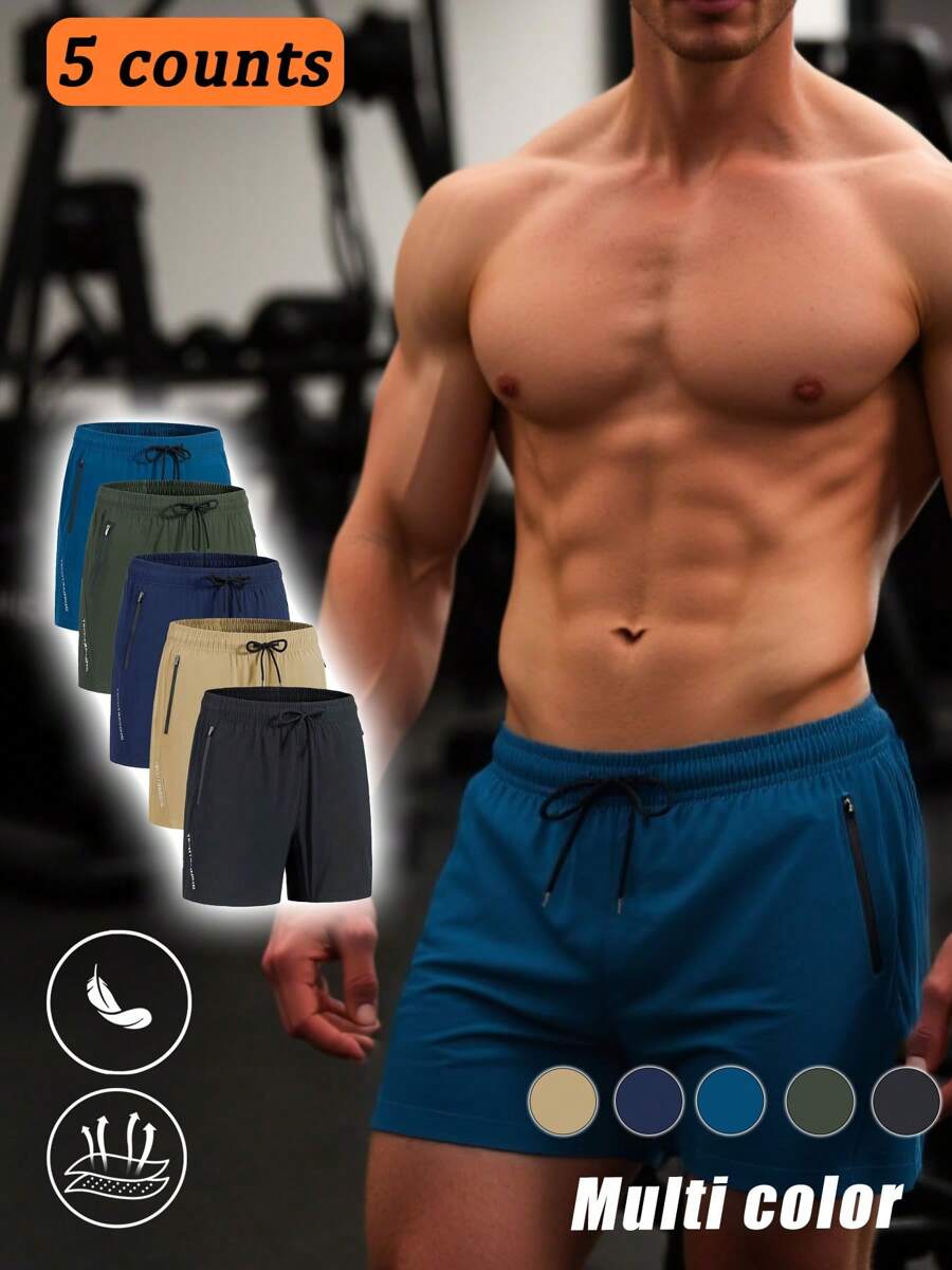 5-Piece Set Of Sports Shorts For Men In Summer, Thin, Loose Fit, Running, Fitness, Ice Silk, Letter Printed, Track And Field Training, Basketball Three Quarter Pants