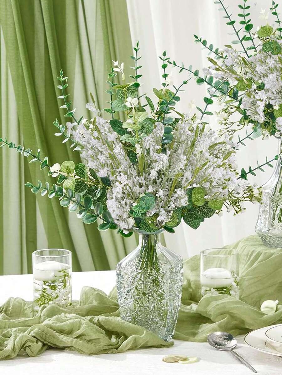 1PC/4PCS/8PCS Real Touch Small Short Branch Artificial Eucalyptus Leaves Starry Sky Wedding Bouquet Accessories Dining Table Bedroom Home Decoration