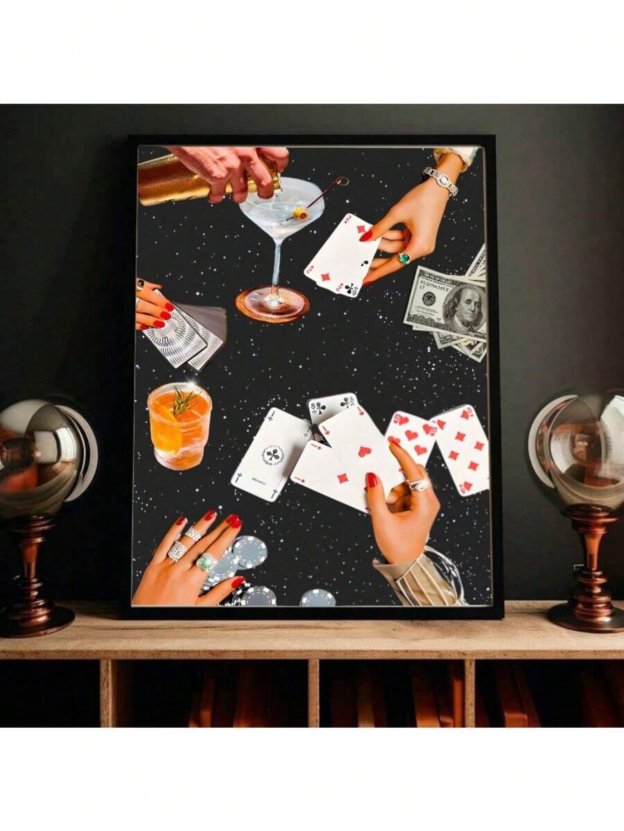 1 pezzo Dipinto su tela con stampa vintage di carte da gioco, arte murale vintage con carte da poker e bicchieri, cartellone vintage ideale per decorazioni di carrelli bar, decorazioni per la casa, regali per feste e compleanni, decorazioni per ufficio. Opzione di cornice per l'opera d'arte.
