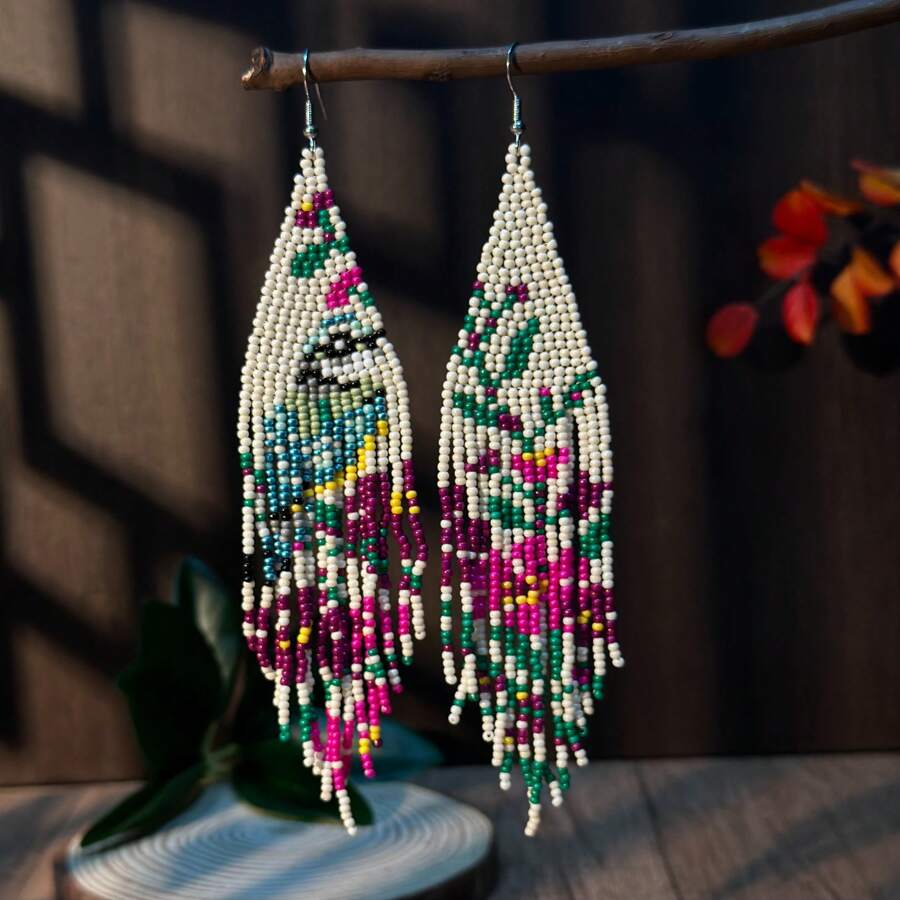 AHAYA Handmade Beaded Tassel Earrings Official Website Original Design Bird Flower Asymmetric Bohemian Style Seed Bead Pendant Earrings Women's Jewelry Gift For Women