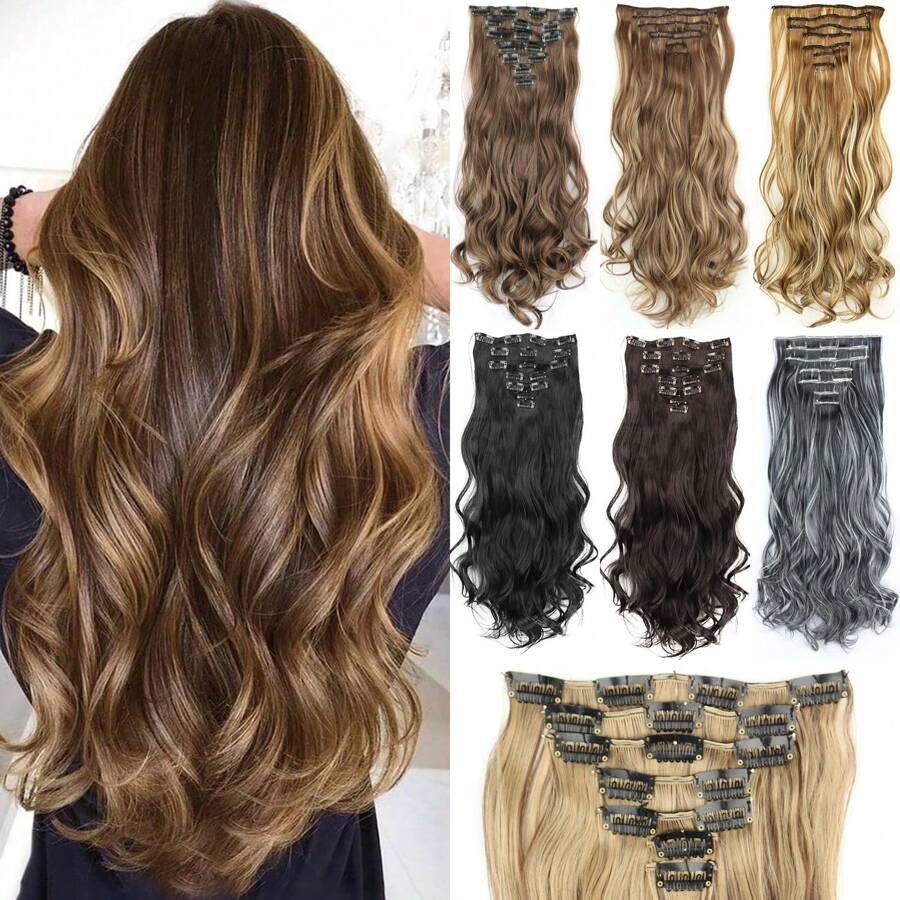 Extensiones de cabello sintético, set de 7 piezas con 16 clips, de color marrón mezclado con rubio, ondulado largo, resistente al calor, para uso diario, de fiesta y vacaciones de las mujeres