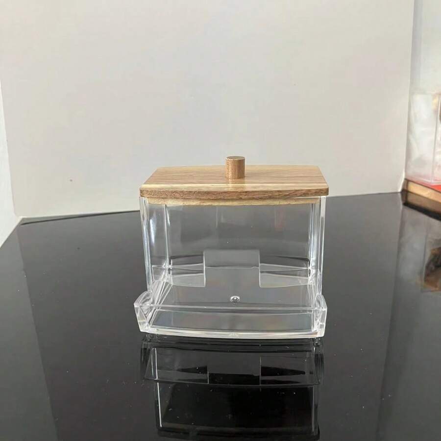 1 pieza Soporte de acrílico para hisopos con tapa de bambú, dispensador pequeño transparente de bastoncillos, contenedor de plástico para palillos de oído, organizador de almacenamiento decorativo para el tocador del baño