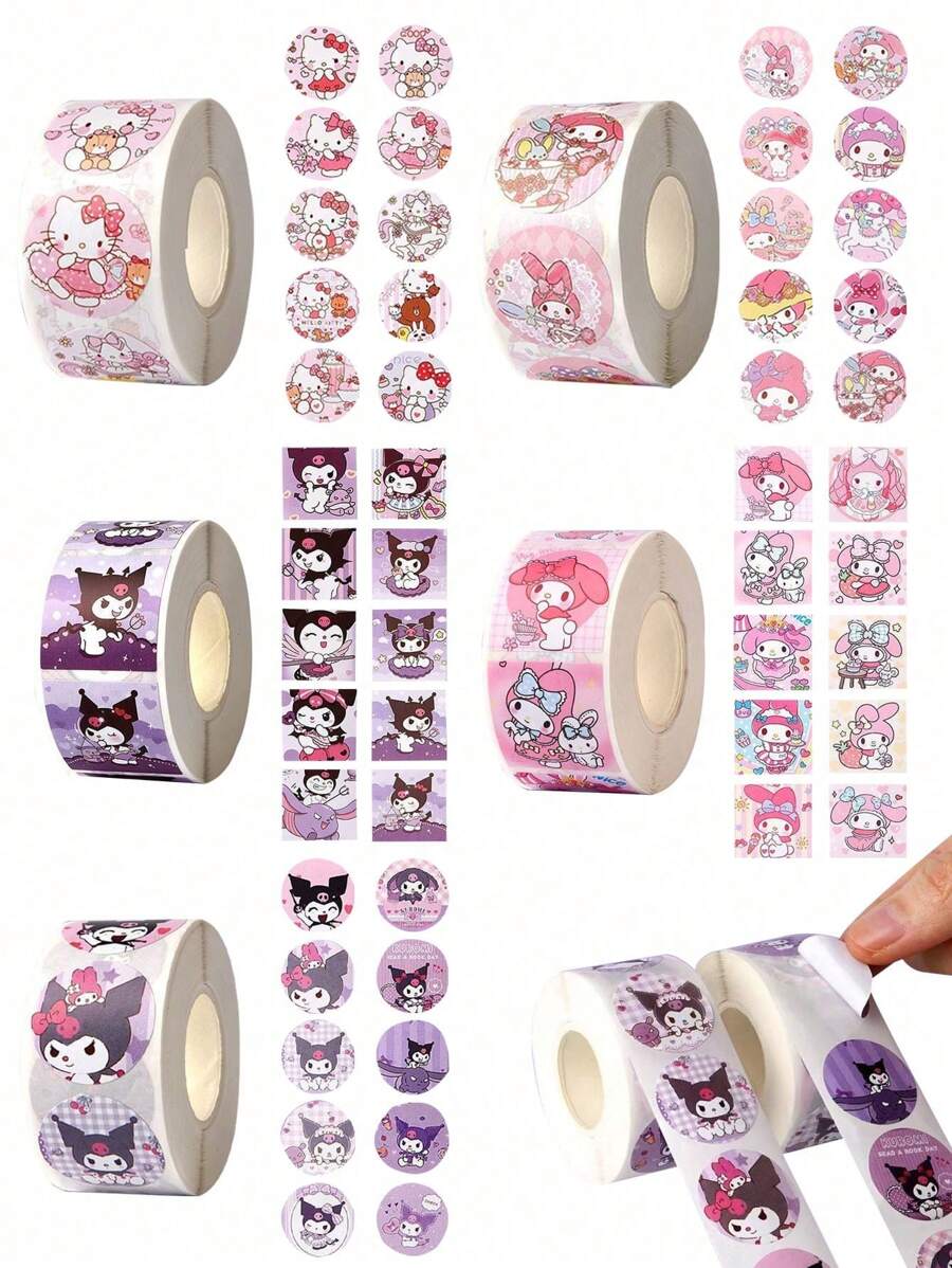 Sanrio 500Pcs/Roll Cute Hello Kittys Kuromi Melody Cartoon Stickers Suitable For Laptops Refrigerators Books Desks Helmets Skateboards Cameras Guitars Creative Stickers (Some Parts May Be Random)