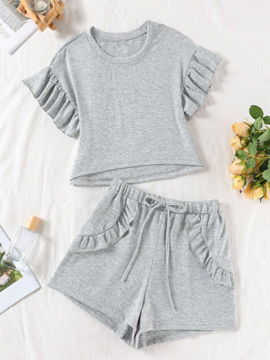 Women 2Pcs Summer Lounge Set, Lightweight Breathable Scoop Neck Relaxed Fit Ruffle Hem Cropped Top And Elastic Waist Ruffle Hem Short, Solid Color, Lounge Outfit