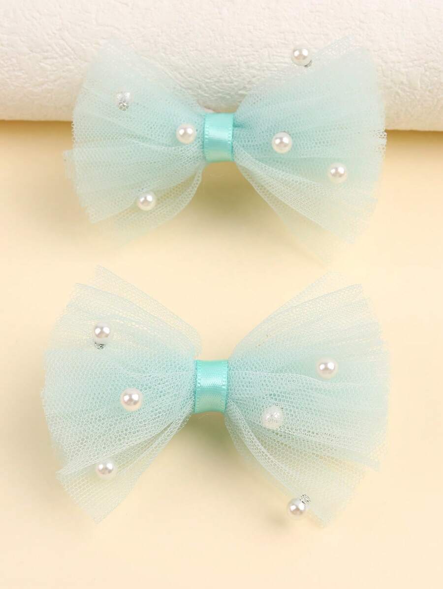 2PCS Pink Pearl Mesh Hair Bows Clip, Cute Princess Style Hair Accessory For Girls, Decorative Hair Accessory Hair Clip