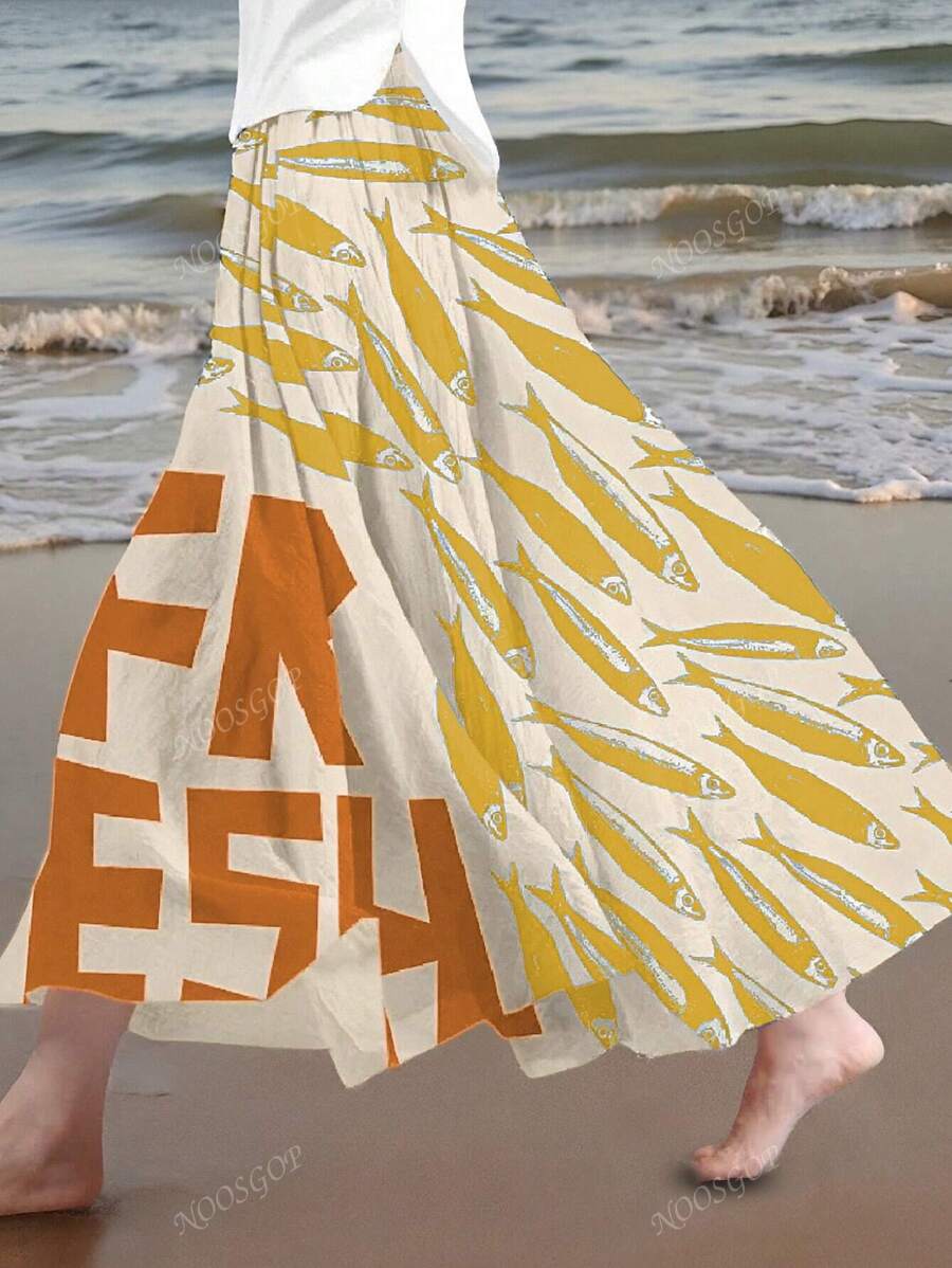 Gonna a metà plissettata da donna in stile vintage boho, con stampa di pesci per occasioni casual, vacanza, brunch, adatta per la primavera-estate