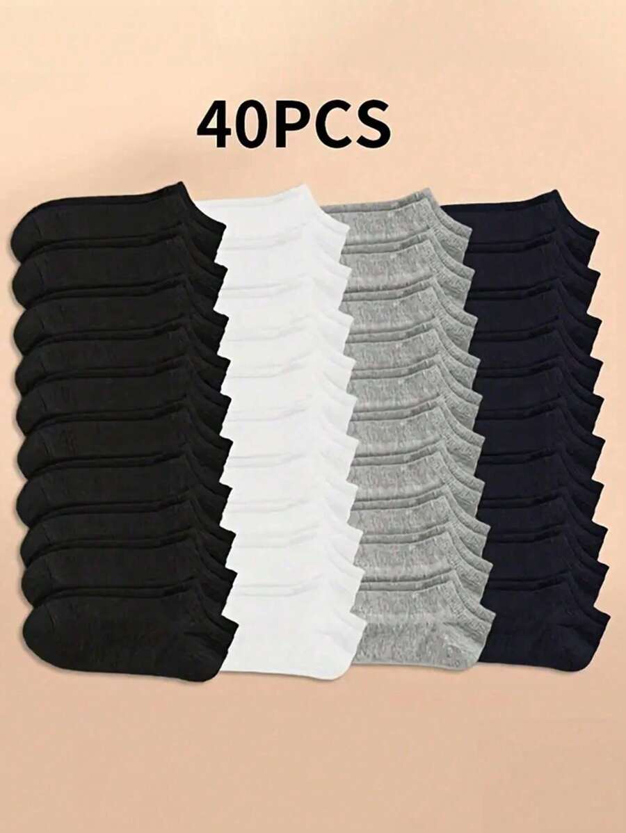 40 Pairs Men's Thin Solid Color Low Cut Cotton Socks, Black/White/Gray, Spring Autumn New Business Work Non-Slip Ankle Socks