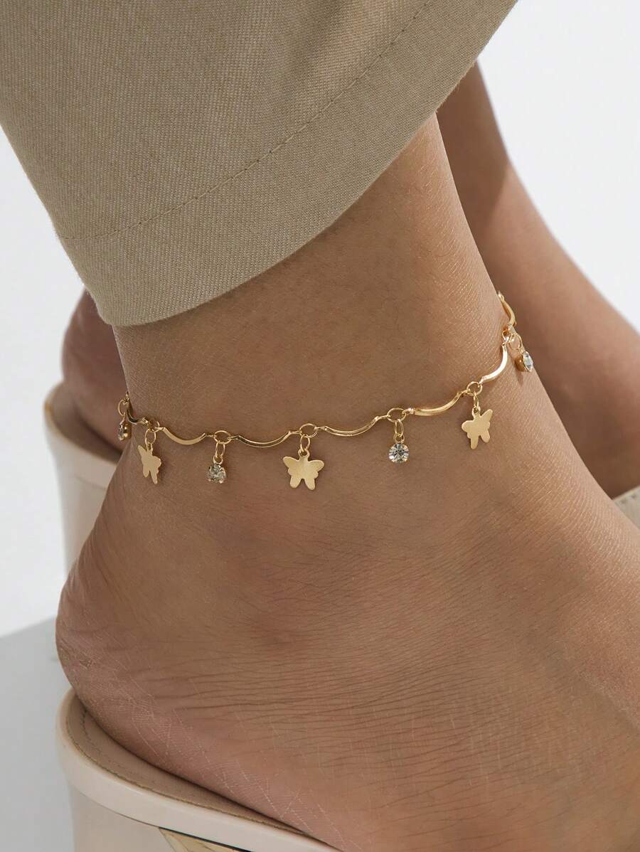 1 pieza Elegante cadena para el tobillo con colgante de mariposa de strass y flecos, estilo bohemio, adecuado para que las mujeres lo usen en vacaciones, fiestas o diario