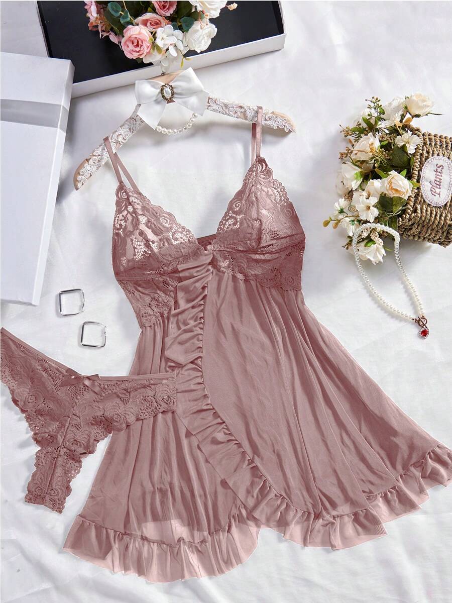 Conjunto de dos piezas con escote en V sexy y ribete de encaje, pijamas sexy para mujer, bata con abertura alta que revela los muslos